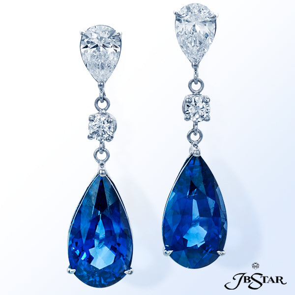 JB STAR STUNNING SAPPHIRE AND DIAMOND DROP EARRINGS FEATURING BEAUTIFUL PEAR-SHAPED SAPPHIRES SUSPEN