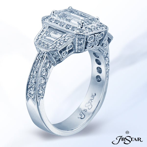 JB STAR BEAUTIFULLY HANDCRAFTED DIAMOND RING FEATURING A 1.50CT EMERALD-CUT DIAMOND CENTER EMBRACED