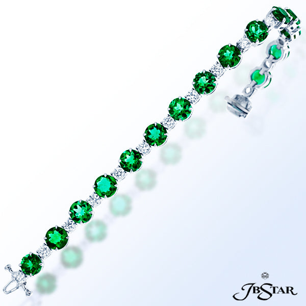 JB STAR PLATINUM EMERALD AND DIAMOND BRACELET HANDCRAFTED WITH PERFECTLY MATCHED 16 ROUND EMERALDS A
