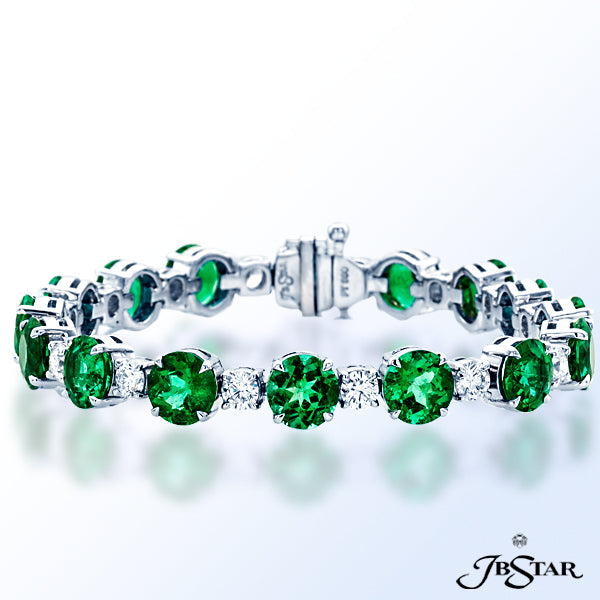 JB STAR PLATINUM EMERALD AND DIAMOND BRACELET HANDCRAFTED WITH PERFECTLY MATCHED 16 ROUND EMERALDS A