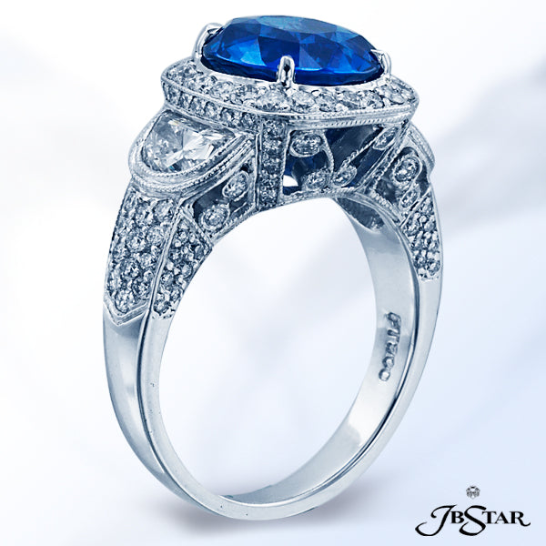 JB STAR NATURAL BLUE SAPPHIRE AND DIAMOND RING HANDCRAFTED WITH A CERTIFIED 4.09 CT ROUND SAPPHIRE E