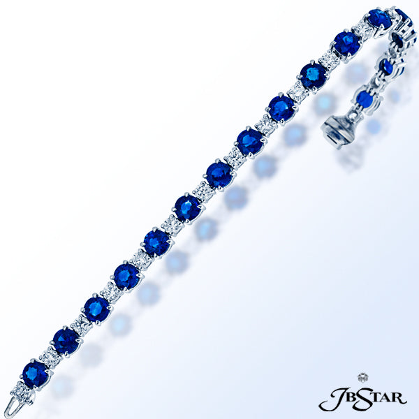 JB STAR SAPPHIRE PLATINUM BRACELET WITH 17 ROUND BLUE SAPPHIRES AND 17 ROUND DIAMONDS IN PRONG SETTI