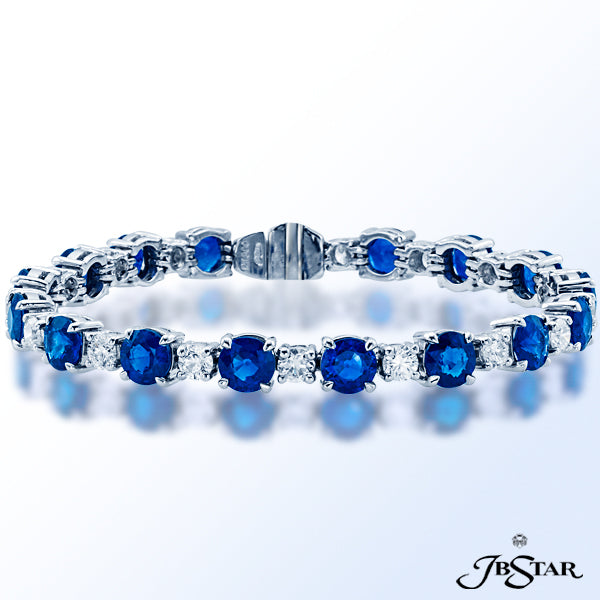JB STAR SAPPHIRE PLATINUM BRACELET WITH 17 ROUND BLUE SAPPHIRES AND 17 ROUND DIAMONDS IN PRONG SETTI