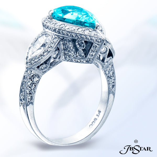 JB STAR PLATINUM DIAMOND RING FEATURING AN EXQUISITE 2.26CT PEAR-SHAPED PARAIBA EMBRACED BY PEAR-SHA