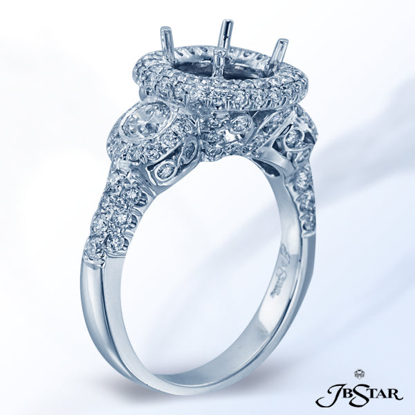 JB STAR PLATINUM DIAMOND SEMI-MOUNT HANDCRAFTED WITH A MICRO PAVE HALO SETTING, EMBRACED BY ROUND DI