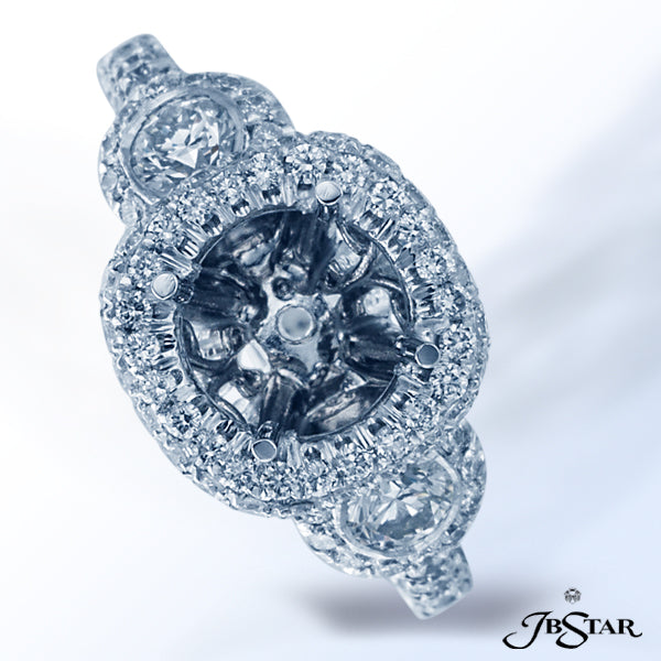 JB STAR PLATINUM DIAMOND SEMI-MOUNT HANDCRAFTED WITH A MICRO PAVE HALO SETTING, EMBRACED BY ROUND DI