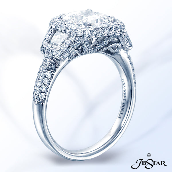 JB STAR PLATINUM DIAMOND RING FEATURING A BEAUTIFUL 1.80CT RADIANT CENTER IN A MICRO PAVE HALO SETTI