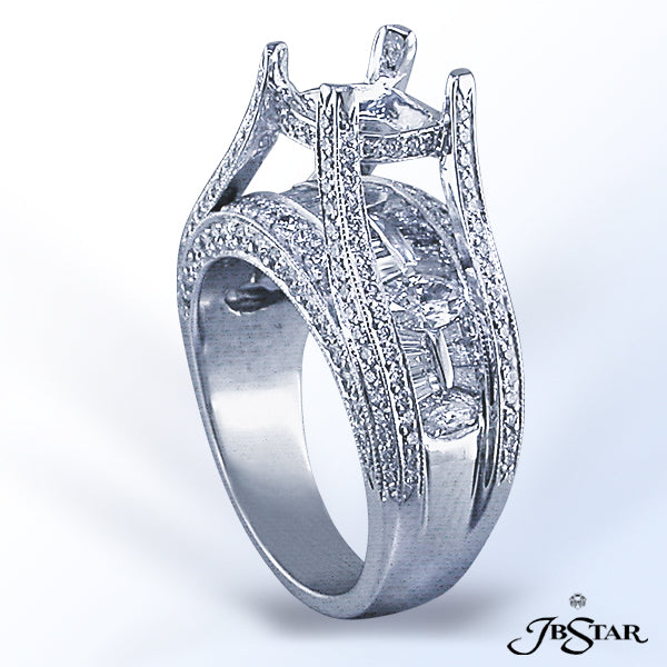JB STAR PLATINUM DIAMOND SEMI-MOUNT HANDCRAFTED WITH A CENTER ROW OF MARQUISES AND BAGUETTES EDGED I