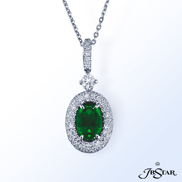 JB STAR EMERALD AND DIAMOND PENDANTCENTER: OVAL EMERALD 1.60 CT.DIAMONDS: 0.82 CT. TW. (ROUND)