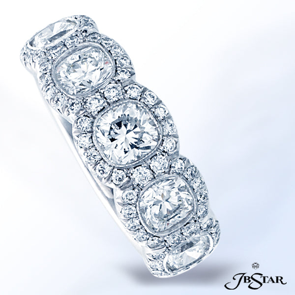 JB STAR PLATINUM DIAMOND BAND HANDCRAFTED WITH 5 PERFECTLY MATCHED, CUSHION-CUT DIAMONDS IN A BEZEL