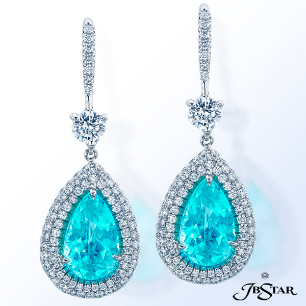 JB STAR PARAIBA EARRINGS HANDCRAFTED WITH MOZAMBIQUE PEAR-SHAPED PARAIBAS EDGED IN MICRO PAVE. PLATI