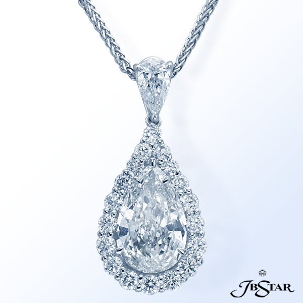 JB STAR PLATINUM DIAMOND PENDANT HANDCRAFTED WITH A 2.27 CT PEAR SHAPE DIAMOND ENCIRCLED BY 18 ROUND