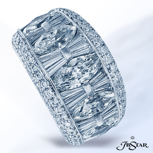 JB STAR PLATINUM DIAMOND BAND HANDCRAFTED OF 7 MARQUISE DIAMONDS PLUS TAPERED BAGUETTES SET IN A CHA