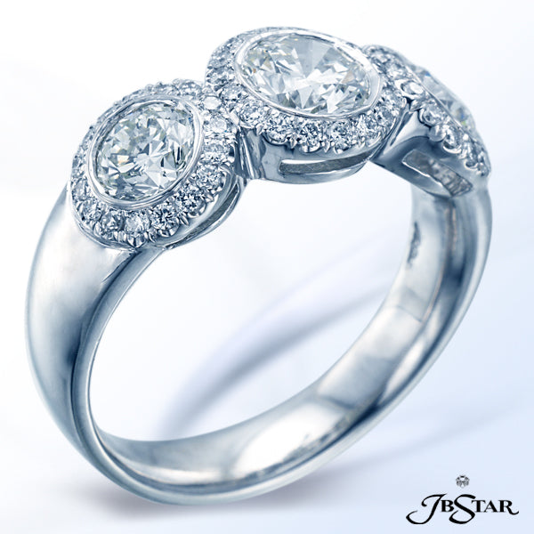 JB STAR PLATINUM DIAMOND BAND HANDCRAFTED WITH THREE ROUND DIAMONDS EACH ENCIRCLED WITH ADDITIONAL R