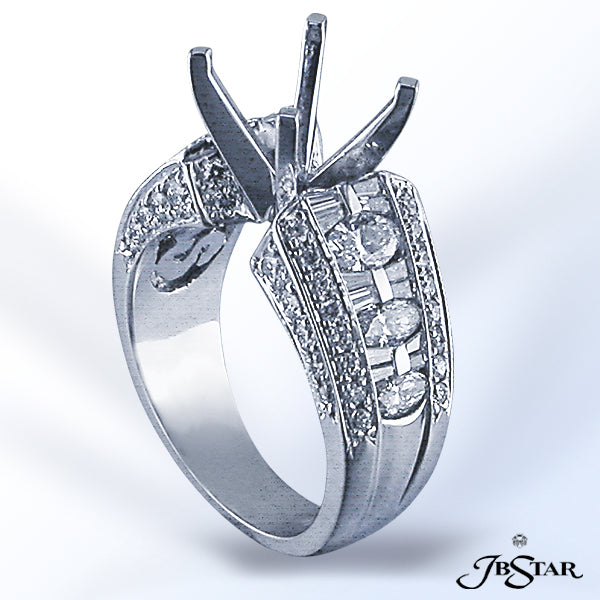 JB STAR PLATINUM DIAMOND SEMI-MOUNT HANDCRAFTED WITH CENTER ROW OF MARQUISE DIAMONDS AND BAGUETTES E