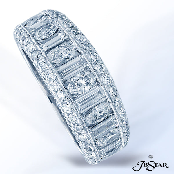 JB STAR EXQUISITELY CRAFTED THIS PLATINUM WEDDING BAND FEATURES PERFECTLY MATCHING MARQUISE AND STRA