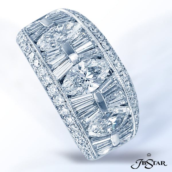 JB STAR PLATINUM DIAMOND BAND HANDCRAFTED OF 5 MARQUISE DIAMONDS PLUS TAPERED BAGUETTES SET IN A CHA