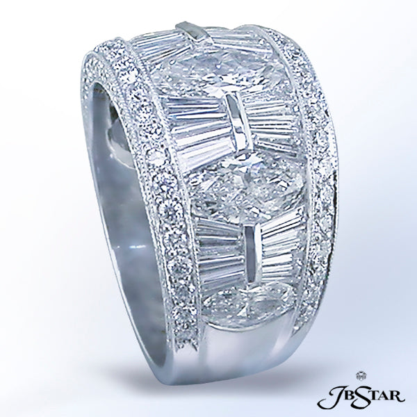 JB STAR PLATINUM DIAMOND WEDDING BAND HANDCRAFTED WITH A CENTER CHANNEL OF PERFECTLY MATCHED MARQUIS