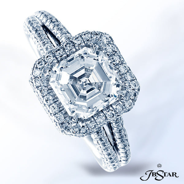 JB STAR PLATINUM DIAMOND RING FEATURING A BEAUTIFUL 2.09 CT SQUARE EMERALD DIAMOND IN A MICRO PAVE S