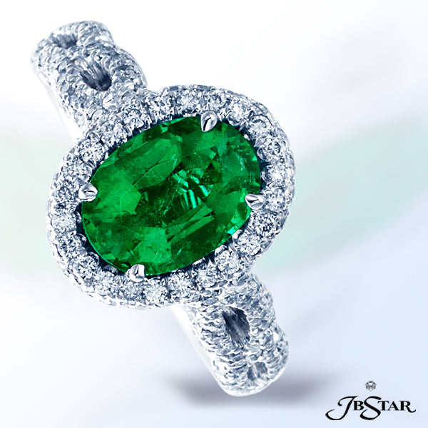 JB STAR EMERALD AND DIAMOND RING FEATURES A MAGNIFICENT 1.54CT OVAL EMERALD CENTER IN A MICRO PAVE H