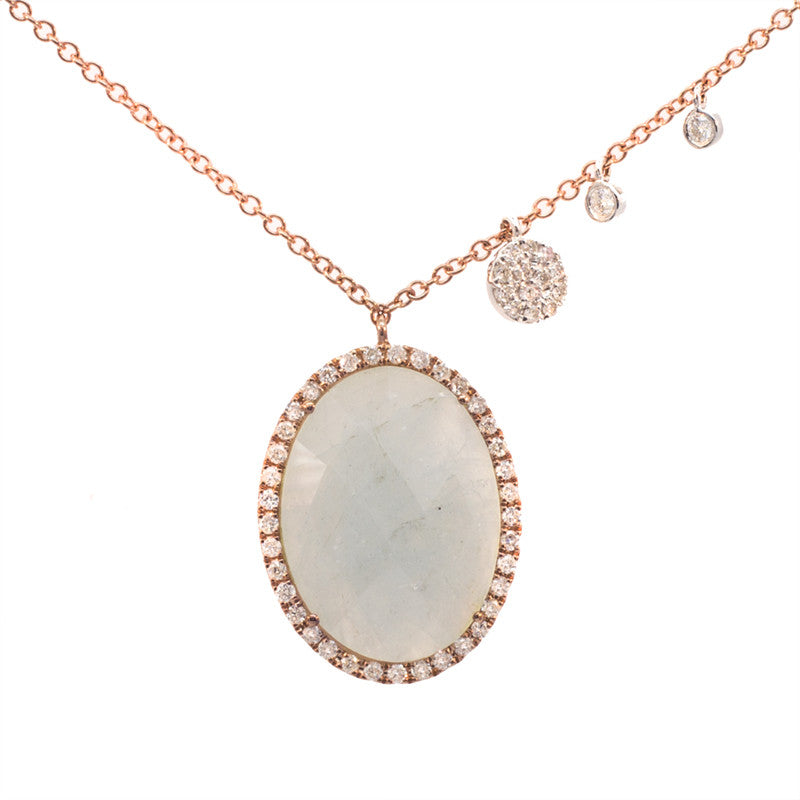 Meira T 14k Milky Aqua Oval Necklace with Diamond Halo in Rose Gold