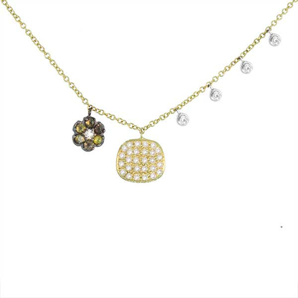 Meira T 14k Flower and Pave Square Charm Necklace