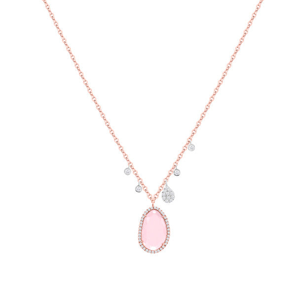 Meira T 14k Rose Quartz and Rose Gold Diamond Necklace with Off-Centered Charms