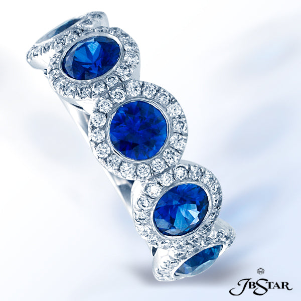 JB STAR SAPPHIRE AND DIAMOND BAND HANDCRAFTED WITH 5 PERFECTLY MATCHED, BEZEL-SET, ROUND BLUE SAPPHI