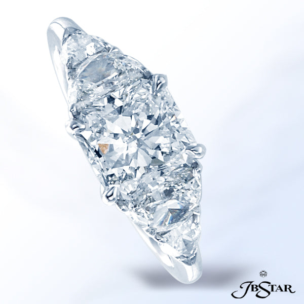 JB STAR PLATINUM AND DIAMOND RING CLASSICALLY DESIGNED WITH A 1.51 CT RADIANT DIAMOND CENTER EMBRACE