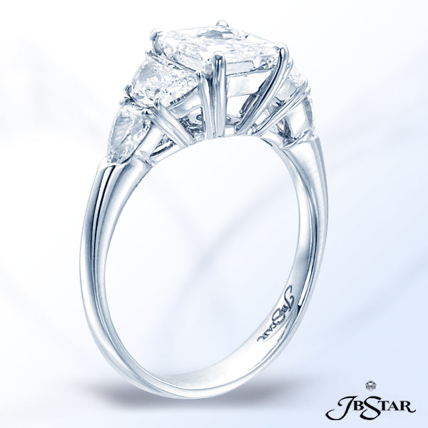 JB STAR PLATINUM AND DIAMOND RING CLASSICALLY DESIGNED WITH A 1.51 CT RADIANT DIAMOND CENTER EMBRACE