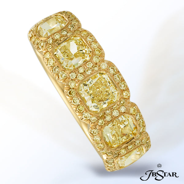 JB STAR THIS BEAUTIFUL MULTI-ROW 18KY WEDDING BAND FEATURES 5 HAND SELECTED FANCY YELLOW RADIANT DIA