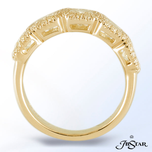 JB STAR THIS BEAUTIFUL MULTI-ROW 18KY WEDDING BAND FEATURES 5 HAND SELECTED FANCY YELLOW RADIANT DIA