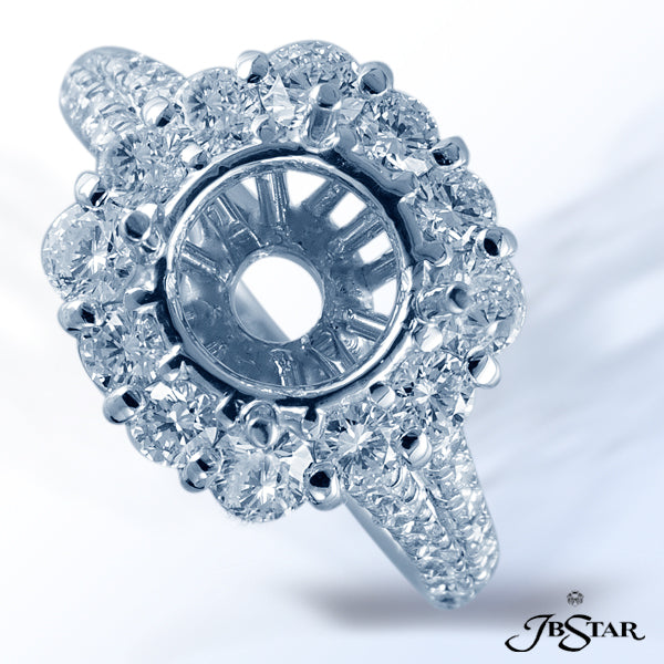 JB STAR PLATINUM DIAMOND SEMI-MOUNT HANDCRAFTED WITH A HALO OF ROUND DIAMONDS IN SHARED-PRONG SETTIN