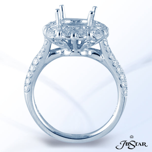 JB STAR PLATINUM DIAMOND SEMI-MOUNT HANDCRAFTED WITH A HALO OF ROUND DIAMONDS IN SHARED-PRONG SETTIN