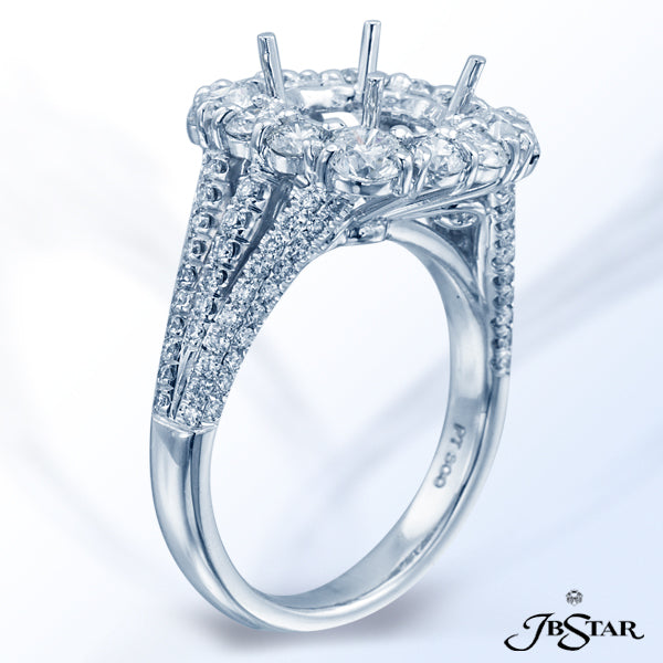 JB STAR PLATINUM DIAMOND SEMI-MOUNT HANDCRAFTED WITH A HALO SETTING OF 12 PERFECTLY MATCHED ROUND DI