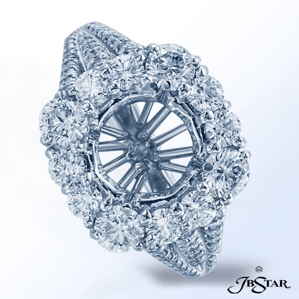 JB STAR PLATINUM DIAMOND SEMI-MOUNT HANDCRAFTED WITH A HALO SETTING OF 12 PERFECTLY MATCHED ROUND DI
