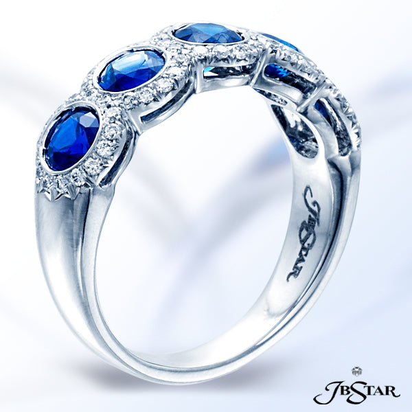 JB STAR THIS STUNNING PLATINUM SAPPHIRE AND DIAMOND BAND FEATURES 5 ROUND SAPPHIRES EMBRACED WITH PA
