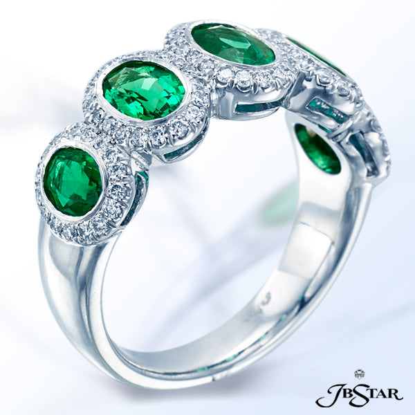 JB STAR EMERALD AND DIAMOND PLATINUM BAND HANDCRAFTED WITH 5 PERFECTLY MATCHED OVAL EMERALDS, EACH E