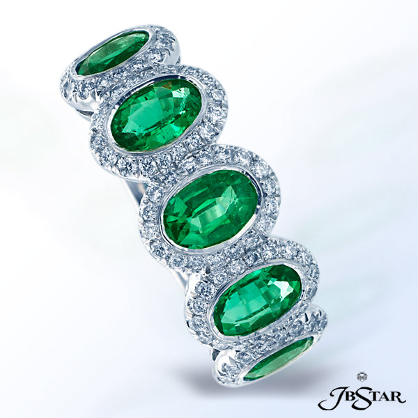 JB STAR EMERALD AND DIAMOND PLATINUM BAND HANDCRAFTED WITH 5 PERFECTLY MATCHED OVAL EMERALDS, EACH E