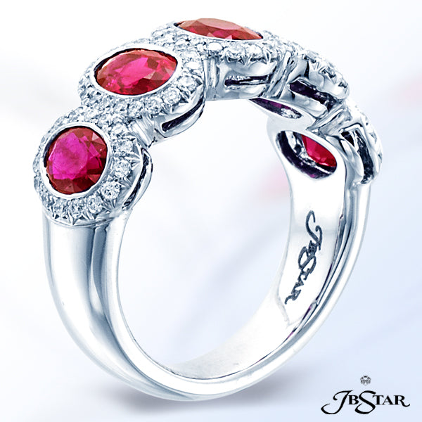 JB STAR RUBY AND DIAMOND PLATINUM BAND HANDCRAFTED WITH 5 PERFECTLY MATCHED OVAL RUBIES, EACH ENCIRC