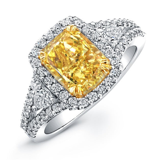 Natalie K  18k White and Yellow Gold Radiant Cut Fancy Yellow Diamond Ring with Trapezoid Side Stones (center stone sold separately)