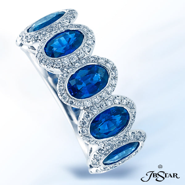 JB STAR SAPPHIRE AND DIAMOND PLATINUM BAND HANDCRAFTED WITH 7 PERFECTLY MATCHED OVAL BLUE SAPPHIRES