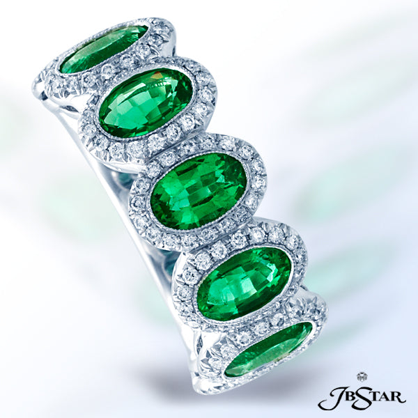 JB STAR EMERALD AND DIAMOND BAND HANDCRAFTED WITH 7 PERFECTLY MATCHED OVAL, BEZEL-SET EMERALDS, INDI