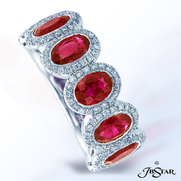JB STAR RUBY AND DIAMOND PLATINUM BAND HANDCRAFTED WITH 7 PERFECTLY MATCHED OVAL BURMA RUBIES IN BEZ
