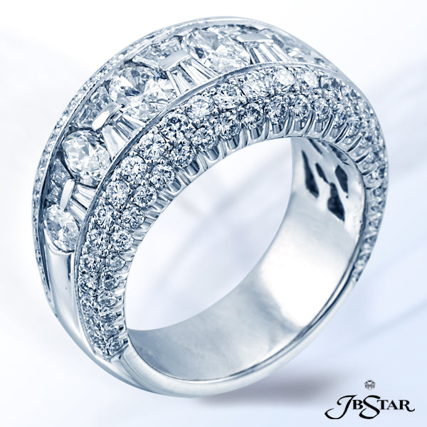 JB STAR PLATINUM DIAMOND BAND HANDCRAFTED OF 5 MARQUISE DIAMONDS PLUS TAPERED BAGUETTES SET IN A CHA