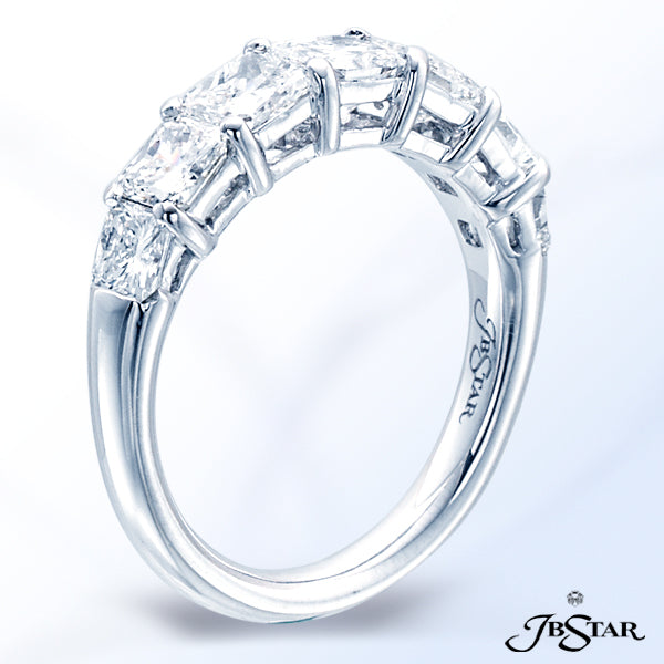 JB STAR HANDCRAFTED PLATINUM DIAMOND WEDDING BAND WITH SEVEN SQUARE-EMERALD CUT DIAMONDS IN A SHARED