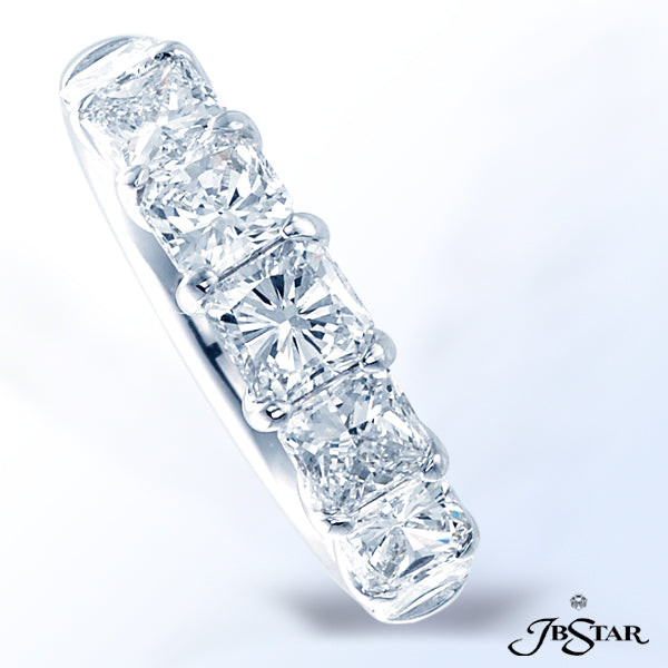 JB STAR HANDCRAFTED PLATINUM DIAMOND WEDDING BAND WITH SEVEN SQUARE-EMERALD CUT DIAMONDS IN A SHARED