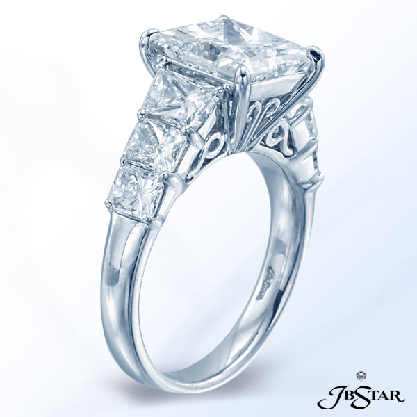 JB STAR PLATINUM DIAMOND RING HANDCRAFTED WITH A GORGEOUS 3.49 CT PRINCESS CENTER, EMBRACED BY PERFE
