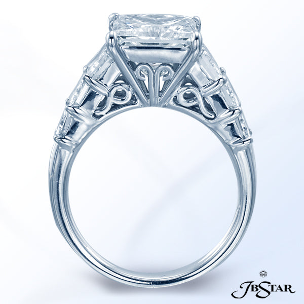 JB STAR PLATINUM DIAMOND RING HANDCRAFTED WITH A GORGEOUS 3.49 CT PRINCESS CENTER, EMBRACED BY PERFE