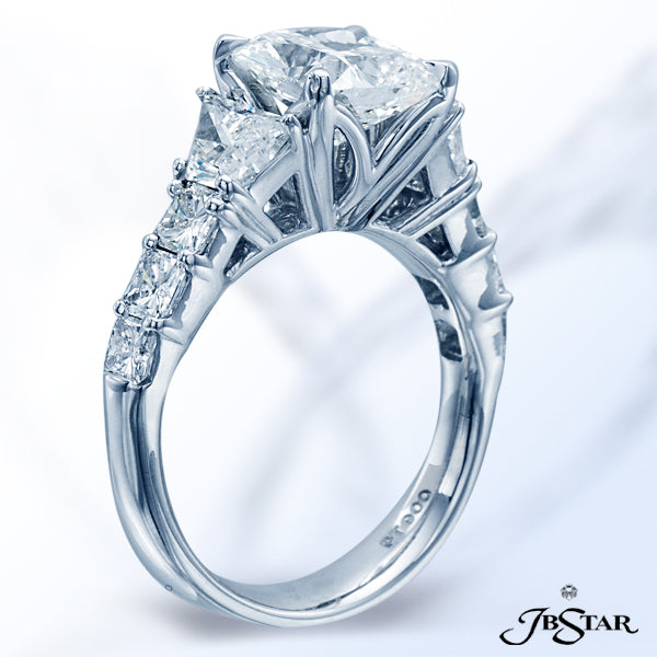 JB STAR PLATINUM RING SHOWCASING A 2.53CT CUSHION DIAMOND HANDCRAFTED WITH PERFECTLY MATCHED TRAPEZO